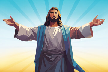 Realistic Jesus Christ with outstretched arms. Welcome you with open arms. Colorful, Vector illustration