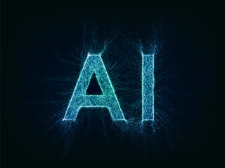 Artificial intelligence futuristic word with thin expansion glowing lines. AI concept. Neural network, machine learning, quantum computer, big data. Overlay color, easy to change. Vector illustration