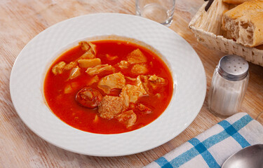 Traditional Spanish tripe dish Callos de ternera with tomato and paprika sauce