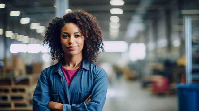 Black woman manufacturing worker in facility with arms folded