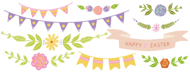 vector easter ribbons easter borders hand drawn isolated cute spring cartoon clipart set: floral border, happy easter ribbon, floral frames, banner, pastel easter border clip art bundle collection