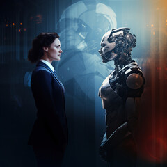Profiles of a businesswoman and a robot looking at each other in a futuristic setting.