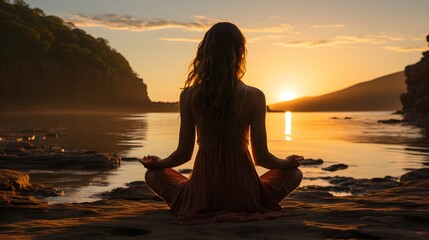 A serene woman finding inner peace through meditation and practicing yoga at sunset on the beach, Created with Generative AI Technology