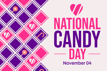 National Candy Day wallpaper with candies, shapes and typography on the side. Colorful candy day backdrop
