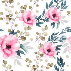 Seamless pattern of watercolor style leaves and flowers for textile and wallpaper background.