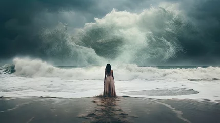 Poster Beautiful woman watches the waves of the sea from the beach © Daniel