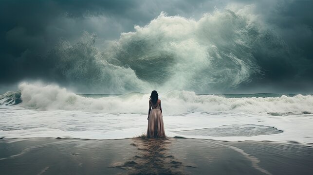 Beautiful woman watches the waves of the sea from the beach