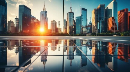 A modern glass skyscraper reflecting the cityscape 
