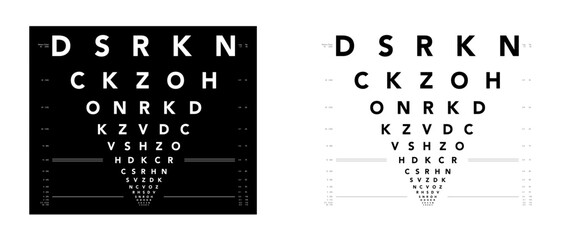 LogMAR chart Eye Test Chart medical illustration. Line vector sketch style outline isolated on white, black background. Vision board optometrist ophthalmic for examination Checking optical glasses
