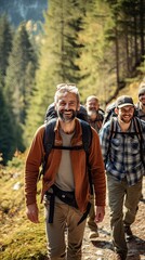 A group of adventurous men hike in the mountains while enjoying the scenery