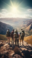A group of adventurous men hike in the mountains while enjoying the scenery