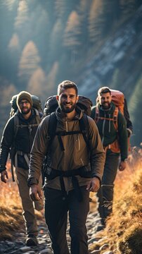 A group of adventurous men hike in the mountains while enjoying the scenery