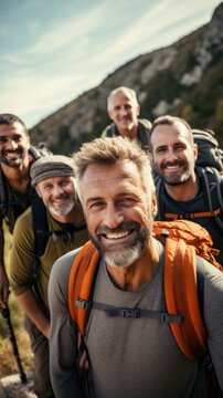 A group of adventurous men hike in the mountains while enjoying the scenery