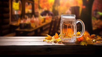 an alcoholic beer cup with a glass of fall brew, lively tavern scenes, beer mug on table with yellow and orange leaves surrounding it. 
