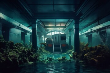 Subway station underwater from storm surge. Generative AI