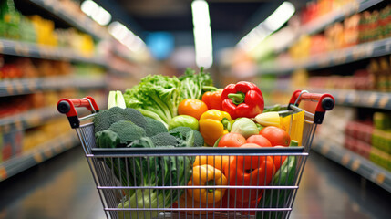 Market trolleys brimming with fresh, colorful agricultural products, a vibrant display of nature's bounty at the bustling marketplace