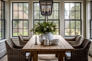 Bright country farmhouse dining room with rustic dining table and Wicker bucket chairs with large sash windows overlooking the country grounds - obrazy, fototapety, plakaty