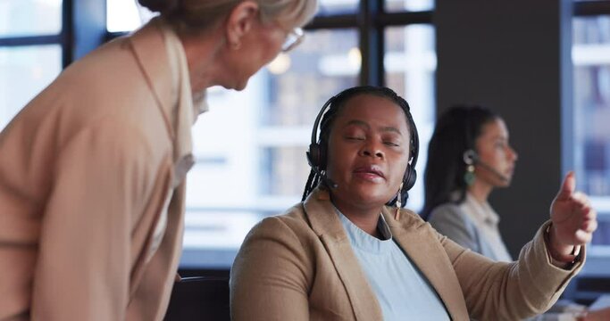 Telemarketing, manager and employee with call center, technical support and advice in a workplace. Consultant, supervisor and women with mentor, corporate training and customer service with coaching
