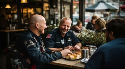 Paramedics man sharing a meal at a local cafe 
 - obrazy, fototapety, plakaty