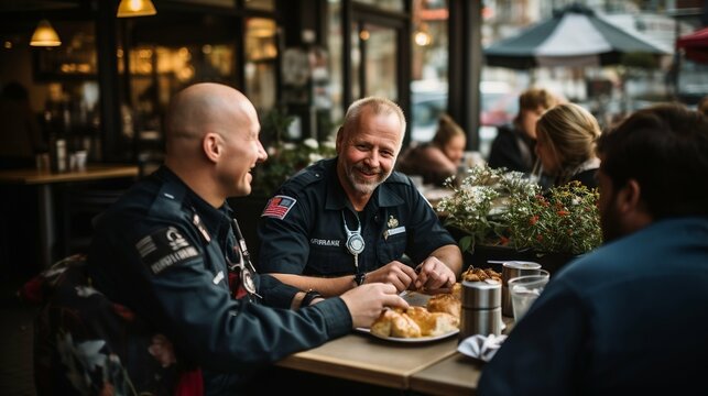 Paramedics man sharing a meal at a local cafe 
