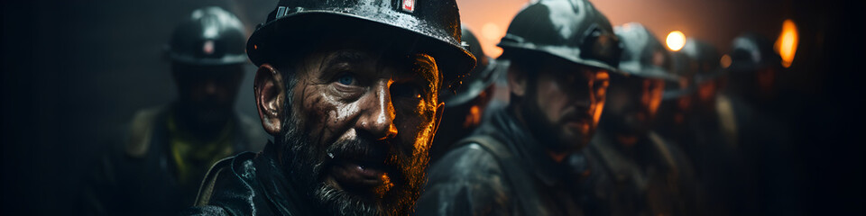 a line of miners, dirty and sweaty from their grueling day's work, stand together in the dimly lit tunnel, their expressions serious and reflective of the challenges faced deep underground
