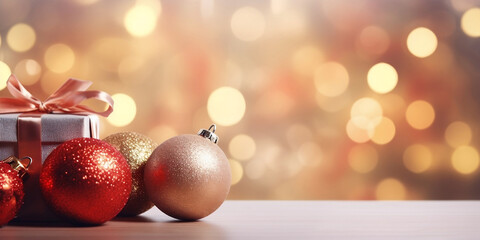 Christmas background with gifts ball and bokeh lights High quality photo,,Christmas Background With Decor Details On A Blurred Background Generative Ai