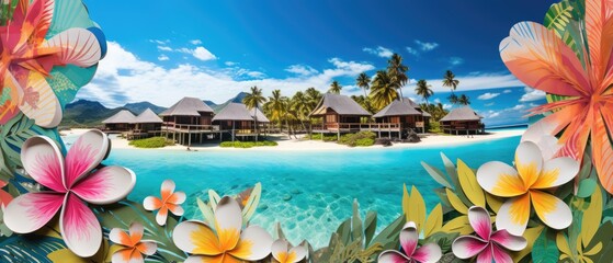 Fototapeta na wymiar Collage of tropical island paradise summer holiday destination villa, crystal clear aquamarine blue shallow ocean water, palm trees and vibrant magnolia flowers. 