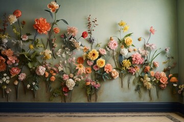 A collection of painted flowers adorning a wall. Generative AI