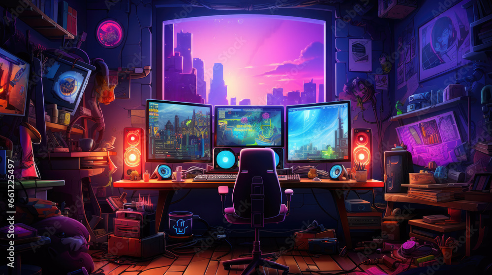 Poster a gamer's room with computers and monitors and neon lights