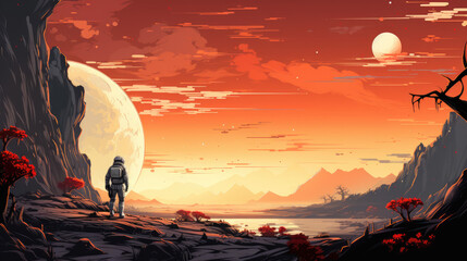 Naklejka premium an astronaut explores an alien planet
