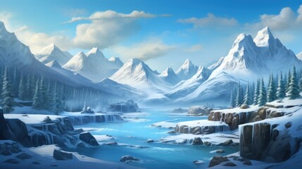 Winter valley with snow, ice river and vegetation in the background game art - obrazy, fototapety, plakaty