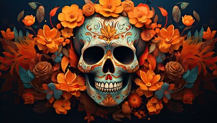 a skull with flowers on orange background Generative Ai