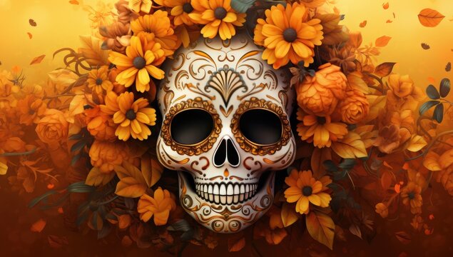 a sugar skull surrounded by orange flowers is displayed on a yellow background Generative AI