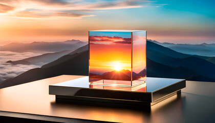 Glass cube podium, platform mockup for demonstrating products against the sky. cosmetic product display, clear crystal glass,