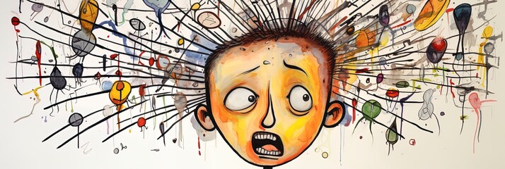 Thoughtful stressed young child with ADHD (Attention deficit hyperactivity disorder) or Anxiety with a mess in his head. - obrazy, fototapety, plakaty