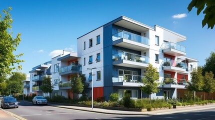 Fototapeta na wymiar New modern block of flats in green area with blue sky 