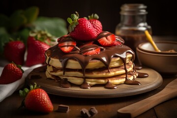 Delicious pancakes topped with chocolate and strawberries. Generative AI