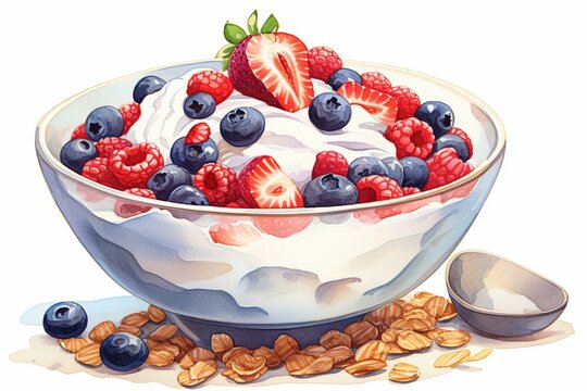 Illustration of a yummy fruity dessert with blueberries, strawberries, yogurt, and nuts served in a bowl. Generative AI