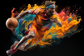 An abstract representation of a basketball player's silhouette in mid-air, going for a slam dunk, with vivid colors and dynamic lines