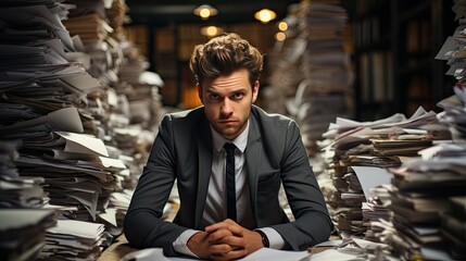 portrait of a young business man, surrounded by paperwork in his office, busy, overworked, overwhelmed, not happy, frustrated, angry, lost, giving up, symbolizing the burdens of work and bureaucracy - obrazy, fototapety, plakaty