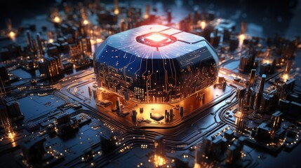 visualize futuristic, conceptual cityscape integrated with advanced technology, likely a circuit board, computer chip.  concept, future of technology, cybernetics, smart cities, high-tech metropolis.