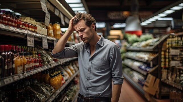 young man shopping in supermarket, seems to be frustrated, headache,  over the cost, inflation, worry about the price, no money to buy, overwhelming choices or high prices.