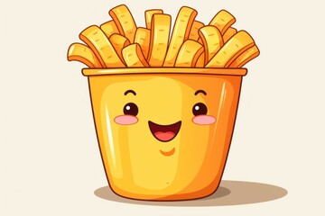 Cartoon character French fries. Illustration or drawing with selective focus and copy space - obrazy, fototapety, plakaty