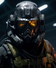 Futuristic military soldier with gas mask, military game concept.
