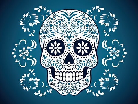 a blue background with a sugar skull in it Generative AI