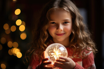 Naklejka premium Girl in a cozy christmas room