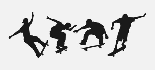set of boys play skateboard silhouettes. vector illustration.