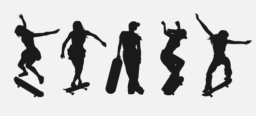 set of skateboarder girls silhouettes. vector illustration.