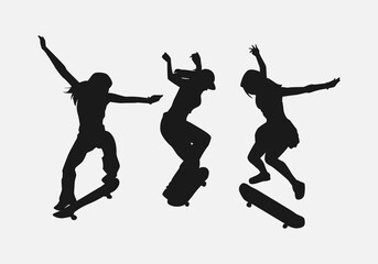set of girls play skateboard silhouettes. vector illustration.