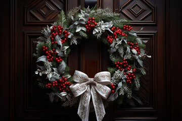 Fototapeta na wymiar Festive holiday wreath, intricately woven with fragrant pine boughs, crimson berries